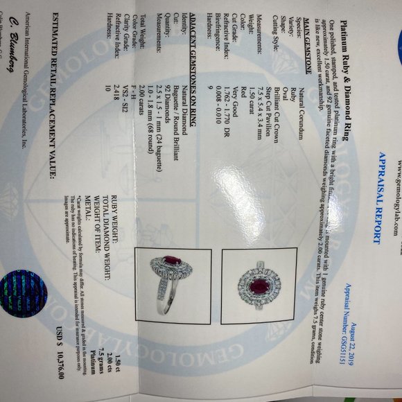 Certified Ruby 1.50ct Diamonds Solid Platinum Ring - Picture 8 of 8